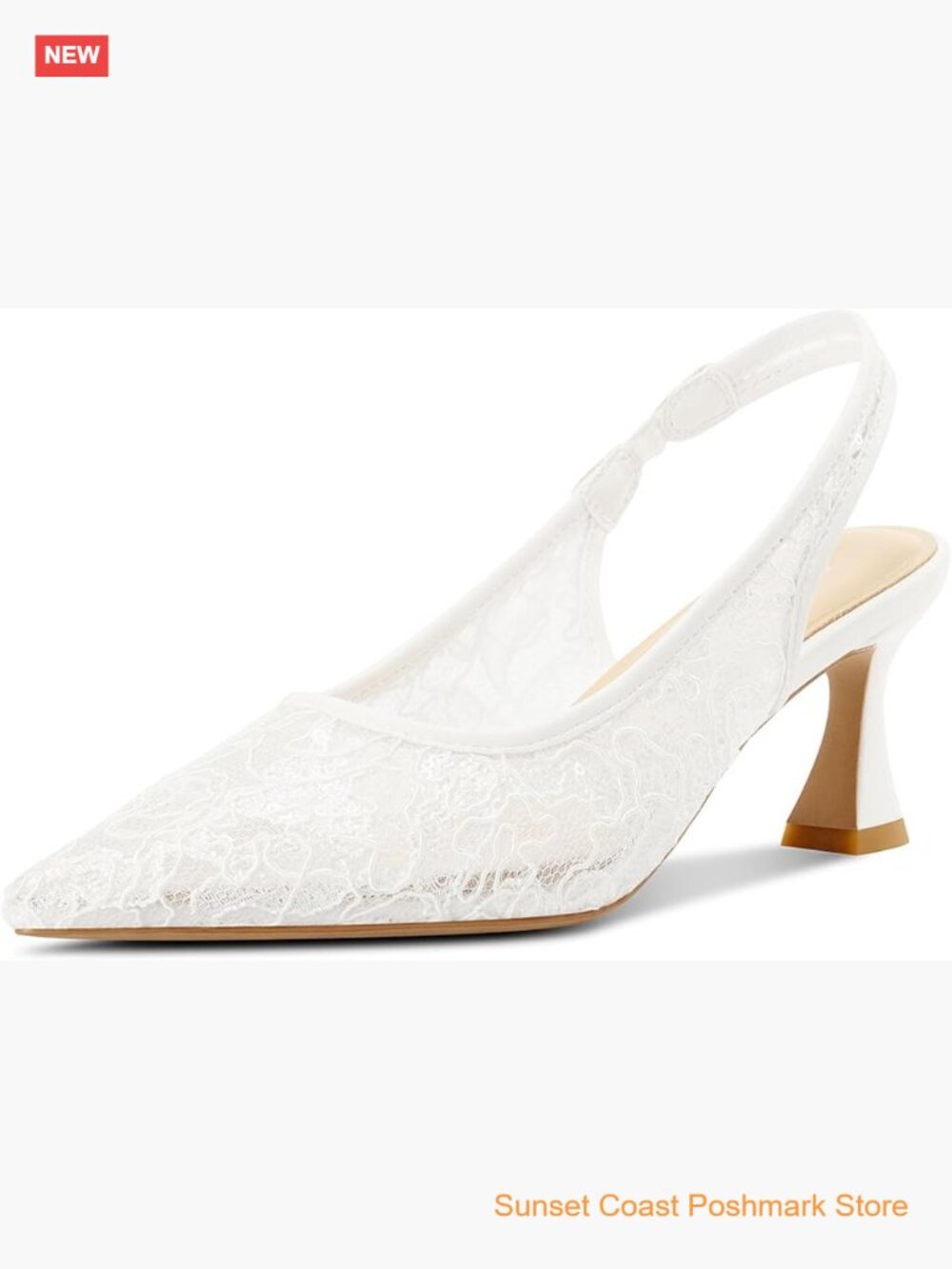 White Lace Mesh Slingback Kitten Heel Pumps Pointed Toe Wedding Bridal Shoes